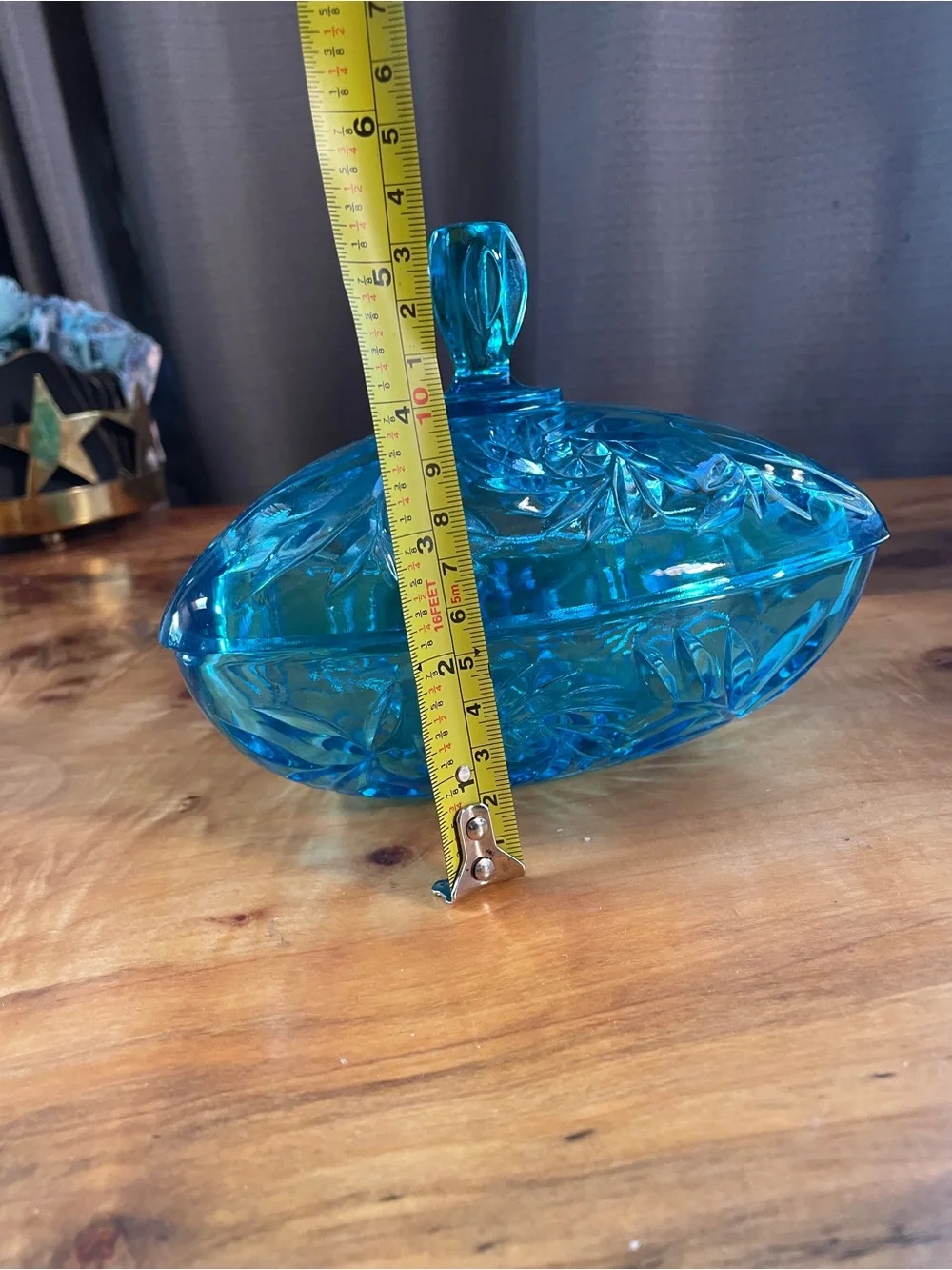MCM Vintage HAZEL ATLAS Capri Blue Glass Pinwheel Triangle Lidded Candy Dish